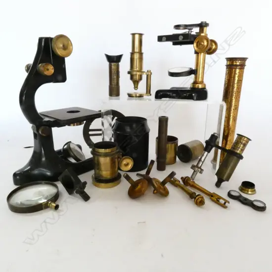 BOX OF MICROSCOPE PARTS AND OTHER INSTRUMENT PIECES